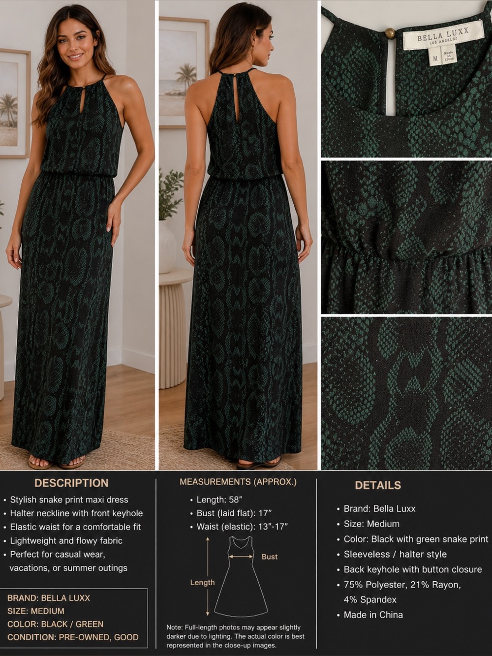 Snake Print Maxi Dress Halter Sleeveless Flowing Size M